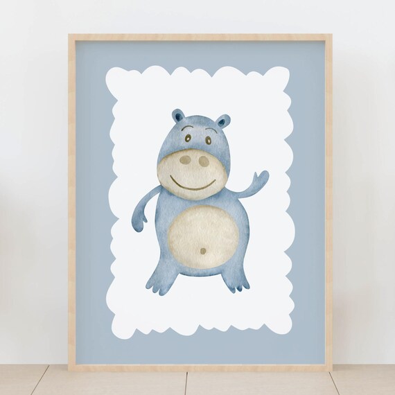 Cute Blue Hippo Watercolor Smiling Safari Nursery Baby Room Print