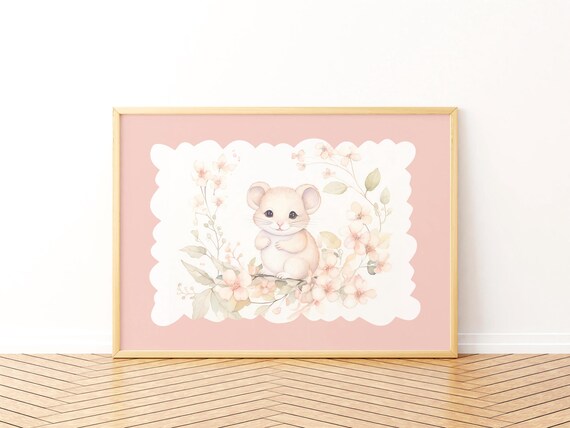 Sweet Baby Mouse Pink Floral Watercolor Nursery Animal Art Poster