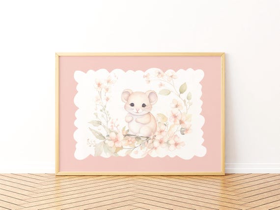 Sweet Baby Mouse Print Floral Nursery Decor Watercolor Field Animal Art For Gentle Girls Room Decoration