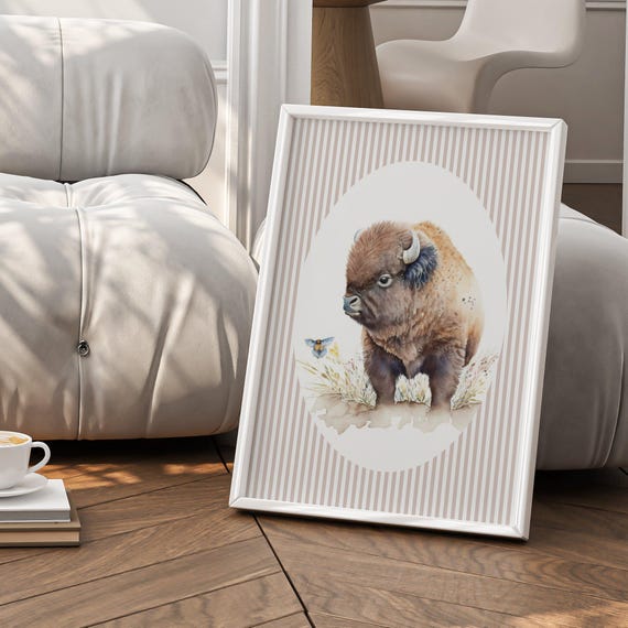 Bison Nursery Wall Art Cute Wildlife Animal Baby Room Poster Kids Playroom Decor Print