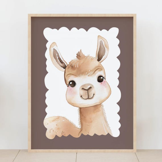Cute Baby Llama Alpaca Watercolor Portrait Neutral Farm Animal Nursery Print Boho Kids Room
