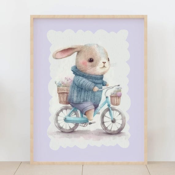 Bunny On Bicycle Wall Art Nursery Decor Rabbit With Flowers Kids Room Animal Print Baby Shower Gift