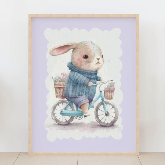 Bunny Riding Bicycle Flower Baskets Whimsical Nursery Art Poster