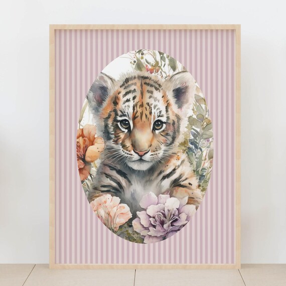 Baby Tiger Cub Watercolor Floral Cute Nursery Kids Animal Poster
