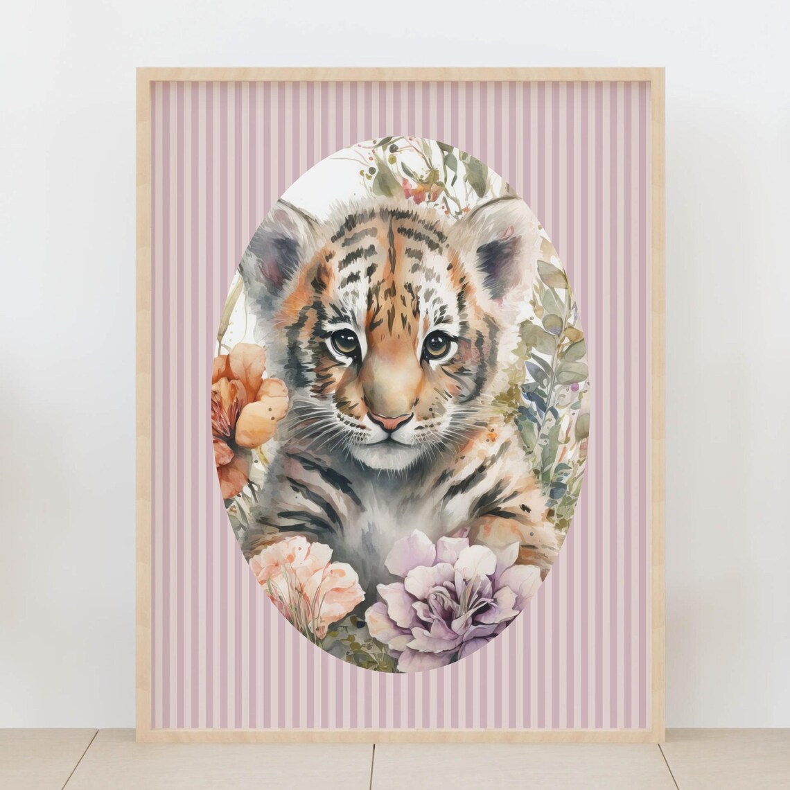 Baby Tiger Cub Watercolor Floral Cute Nursery Kids Animal Poster
