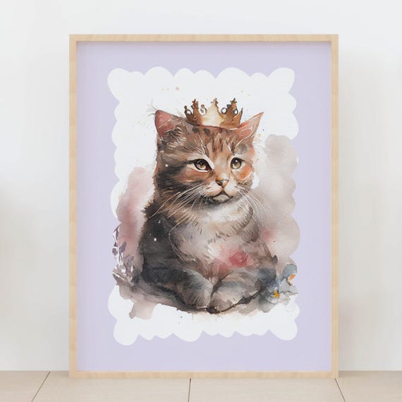 Royal Cat Wall Decor Watercolor Crowned Art Elegant Feline Print For Nursery Kids Room Playroom Pet Lovers