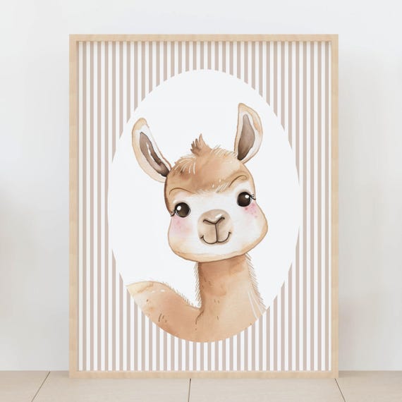 Cute Llama Nursery Wall Art Neutral Beige Gingham Baby Room Decor Farm Animal Kids Poster Artwork