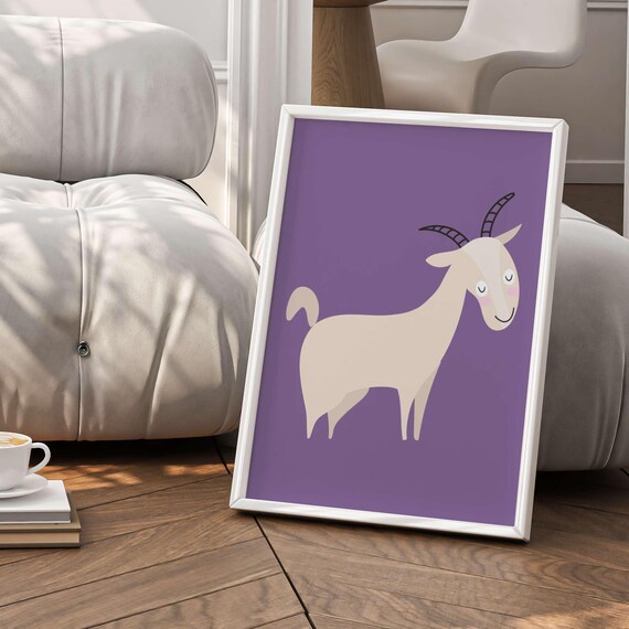 Smiling Cute Goat Cartoon Purple Background Kids Room Poster