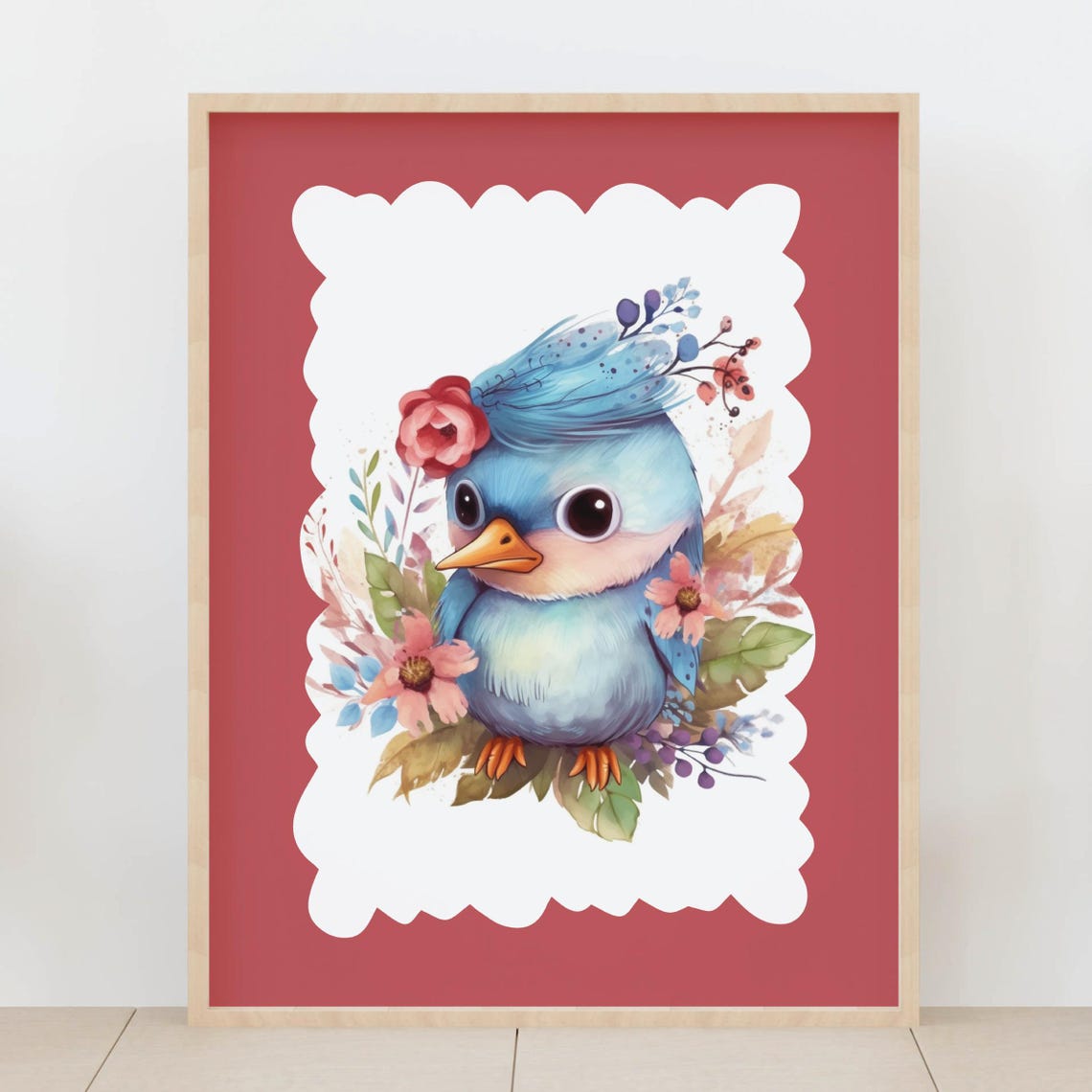 Cute Blue Bird Flower Crown Watercolor Spring Nursery Bird Poster