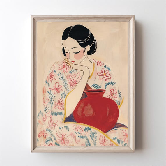 Japanese Woman In Kimono Art Print Abstract Portrait Oil Painting Red Vase Wall Japaneseinspired Modern Vintage