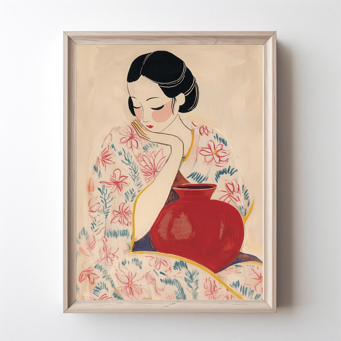 Japanese Woman In Kimono Art Print Abstract Portrait Oil Painting Red Vase Wall Japaneseinspired Modern Vintage