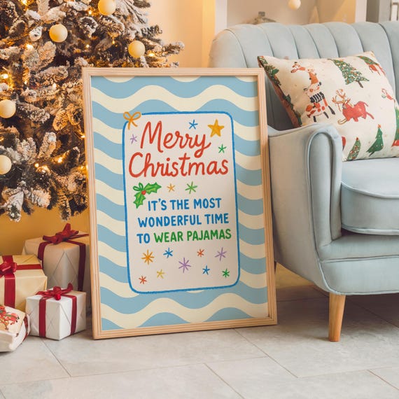 Funny Christmas Pajama Party Print Whimsical Holiday Wall Art
