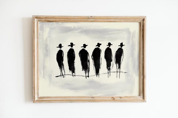 Abstract Men In Hats Wall Art Minimalist Black And White Group Figure Print Western Silhouette Painting Modern Masculine Decor