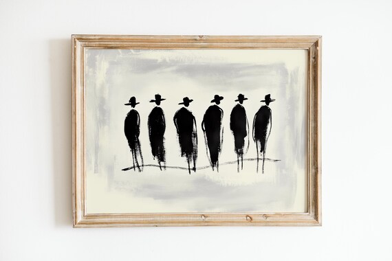Abstract Minimalist Men in Hats Black Ink Group Figure Art Print