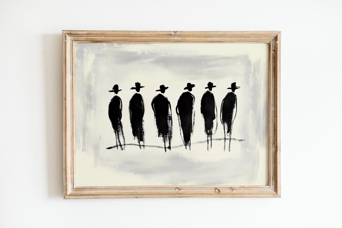 Abstract Minimalist Men in Hats Black Ink Group Figure Art Print