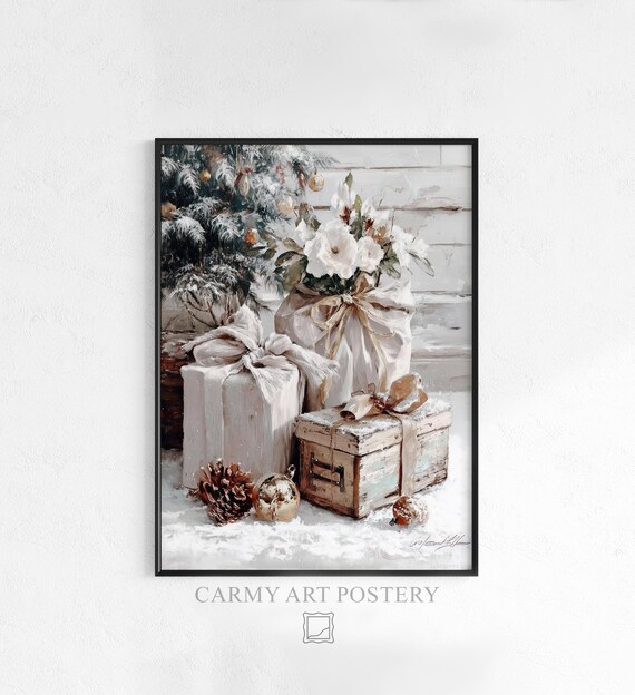 White Christmas Gifts Rustic Farmhouse Still Life Holiday Poster