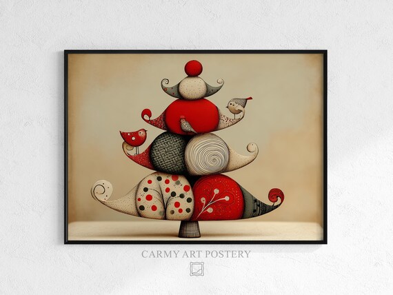 Cute Christmas Tree Art Festive Rustic Holiday Decor Cozy Folk Style With Ornaments Wall Print 419