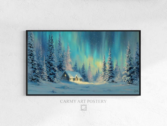 Christmas Frame Tv Art Rustic Winter Cabin Snowy Pine Trees Painting Moody Festive Arctic Night Landscape Scene 66