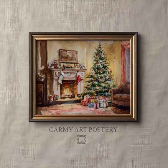 Cozy Christmas Tree Fireplace Living Room Holiday Vintage Art Poster