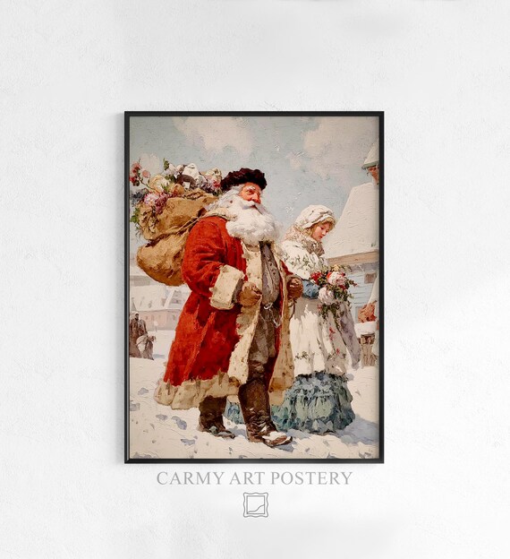 Santa Claus Carrying Toy Sack Winter Village Scene Vintage Oil Print