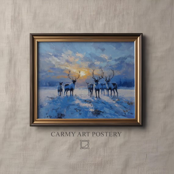 Majestic Reindeer Wall Art Winter Scene Moody Nordic Decor Stunning Oil Painting Serene 1090
