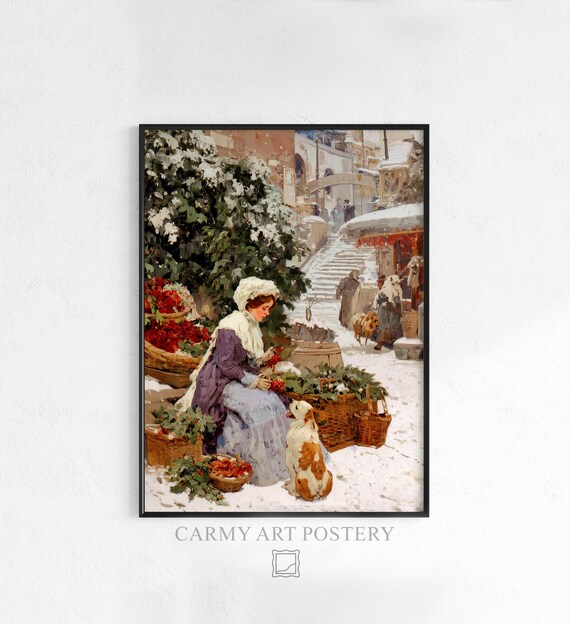 Victorian Woman Arranging Evergreens Vintage Christmas Art Poster