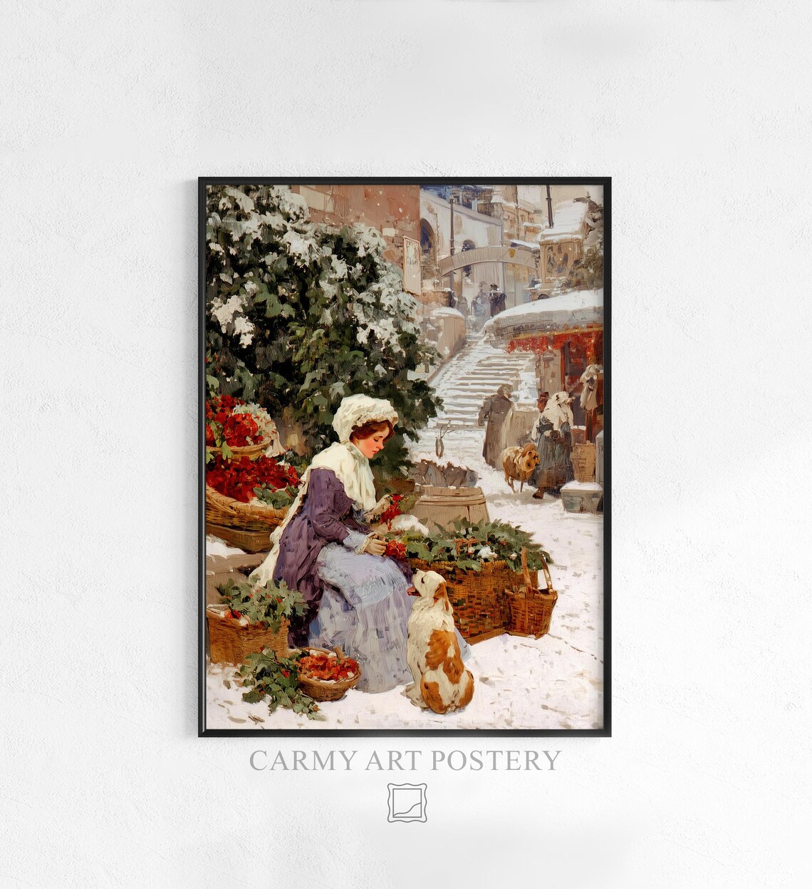 Victorian Woman Arranging Evergreens Vintage Christmas Art Poster