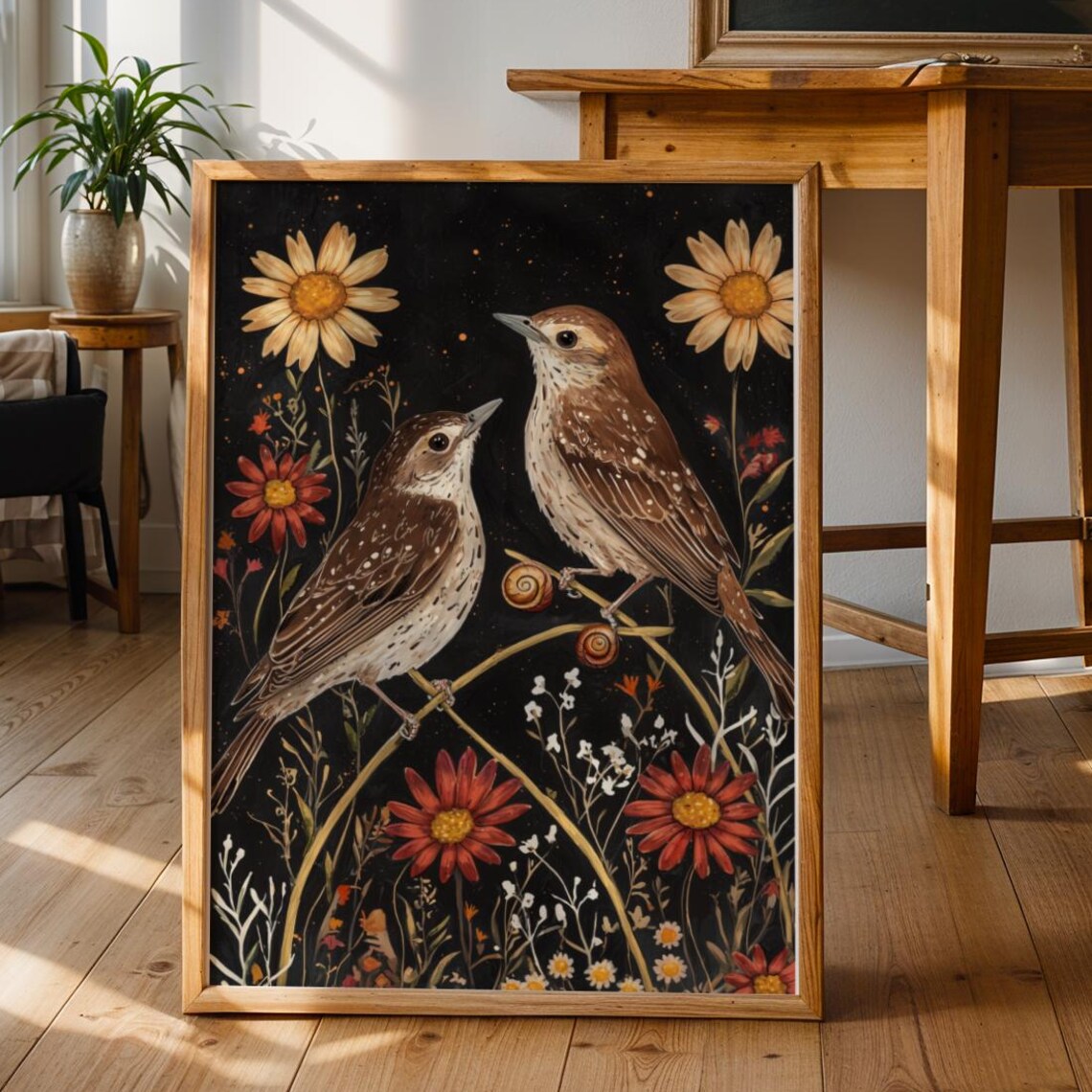 Hummingbird Folk Art Print, Scandinavian Floral Bird