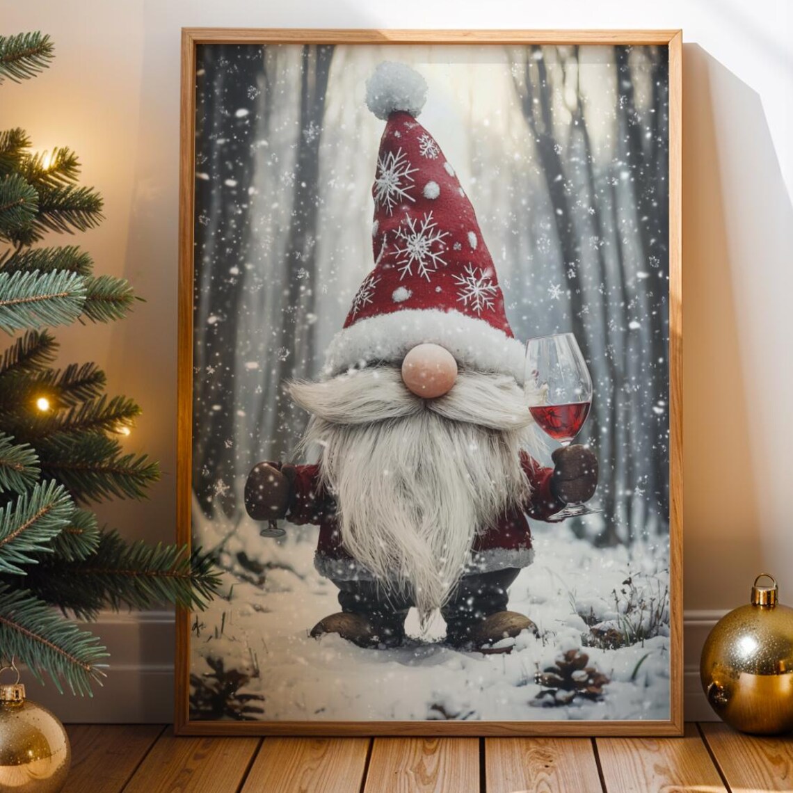 Christmas Gnome with Red Wine Glass Snowy Winter Holiday Wall Art