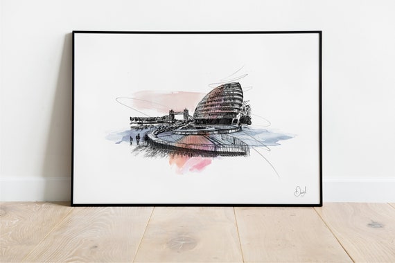 London City Hall Art Print Illustration Drawing Watercolour Armadillo