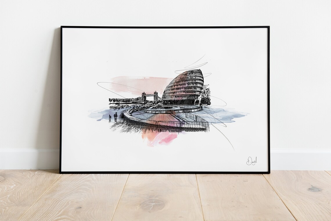 London City Hall Riverside Ink Watercolour Sketch Thames Landmark Print