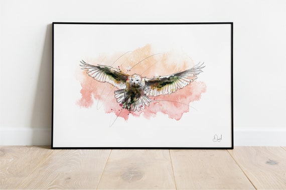Snowy Owl Art Print Illustration Bird Drawing Watercolour