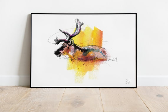 Dear Art Print Deer Illustration Wildlife Drawing Watercolour Cattle Reindeer