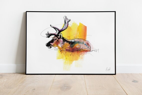 Reindeer Head Watercolor Antlers Yellow Wash Wildlife Art Poster