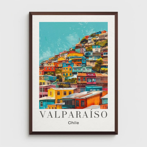 Valparaiso Chile Travel Poster Colorful Hillside Houses View