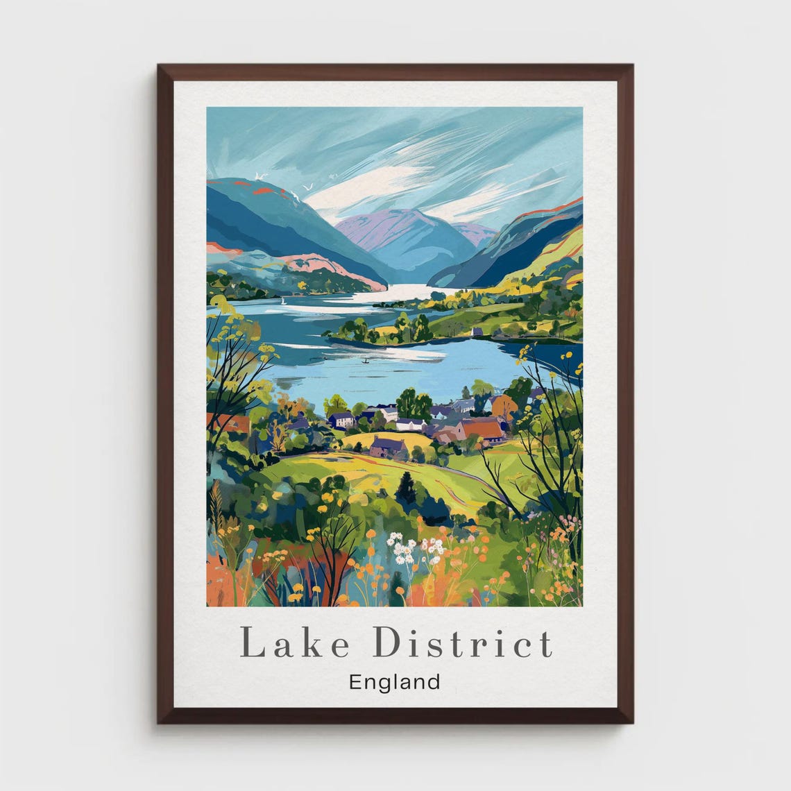 Lake District England Travel Poster Mountain Lake Village Scenery