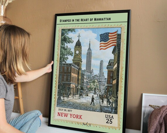 Retro New York City Postage Stamp Manhattan Street Scene Poster