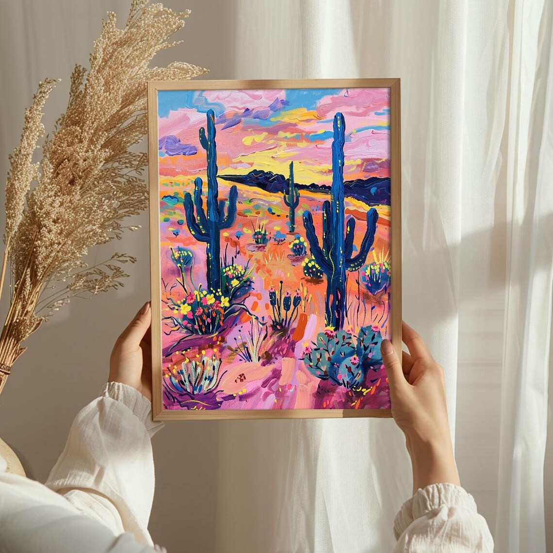 Vibrant Saguaro Cactus Desert Sunset Dusk Landscape Painting Poster - Image 3