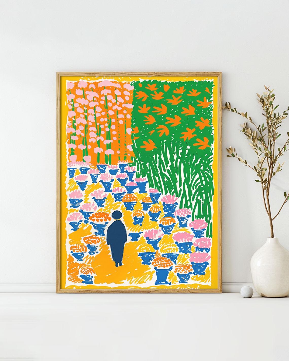 Bright Colorful Flower Garden Pathway Naive Style Painting Poster