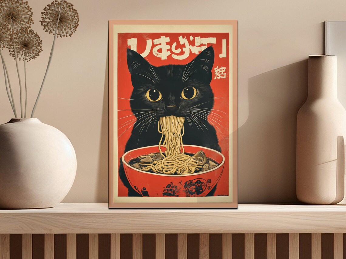 Cute Black Cat Slurping Ramen Noodles Vintage Japanese Poster - Image 2