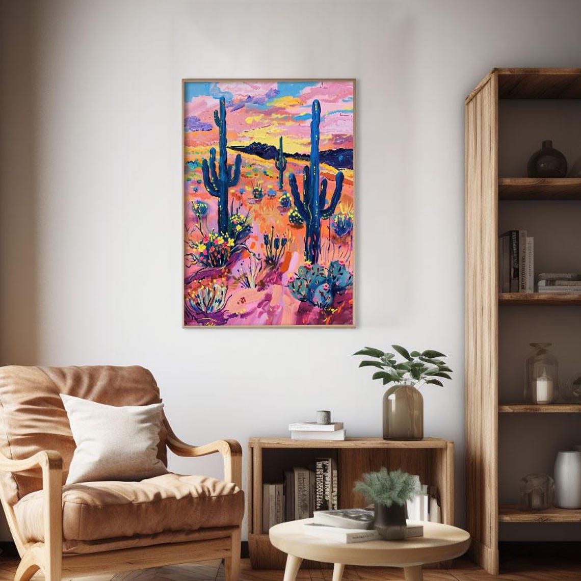 Vibrant Saguaro Cactus Desert Sunset Dusk Landscape Painting Poster - Image 2