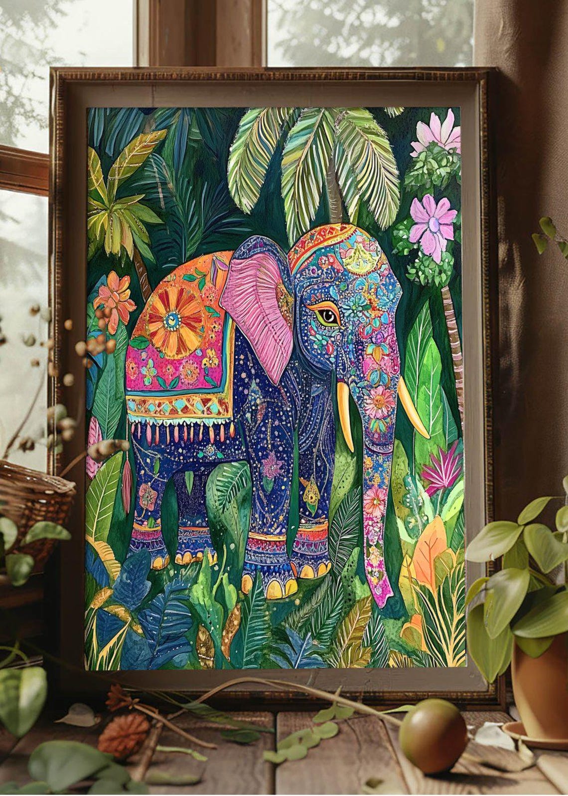 Colorful Boho Elephant Jungle Folk Illustration Artwork Poster - Image 2