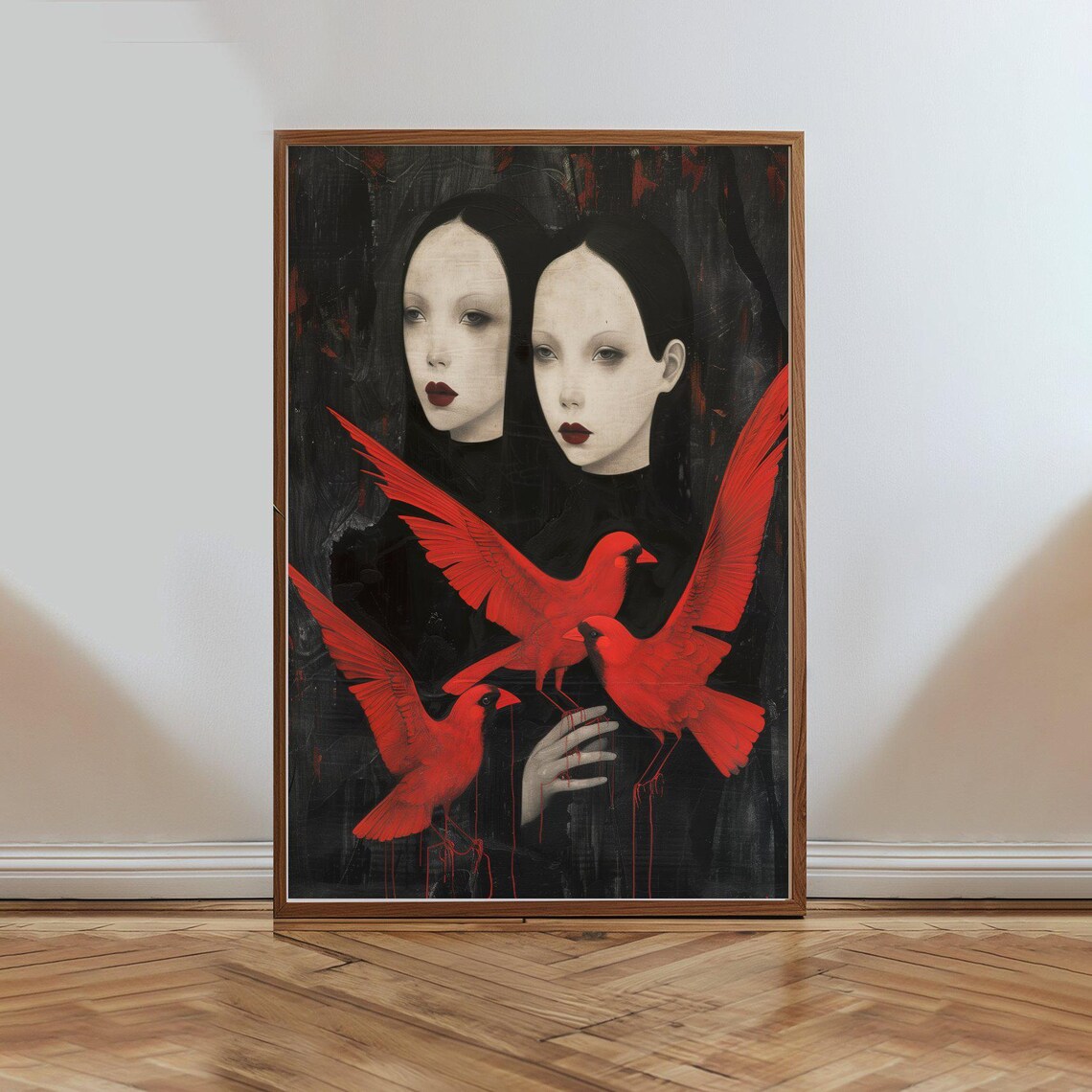 Dark Gothic Twin Women With Red Cardinals Surreal Fantasy Poster