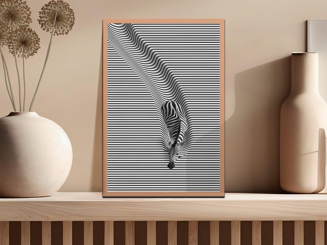 Zebra Stripes Optical Illusion Black White Wavy Surreal Art Poster - Image 2
