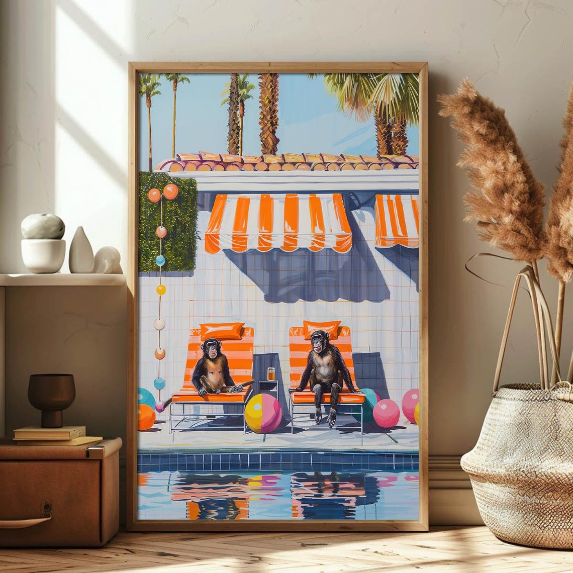 Two Chimps Pool Party Retro Illustration Lounge Summer Art Poster - Image 3