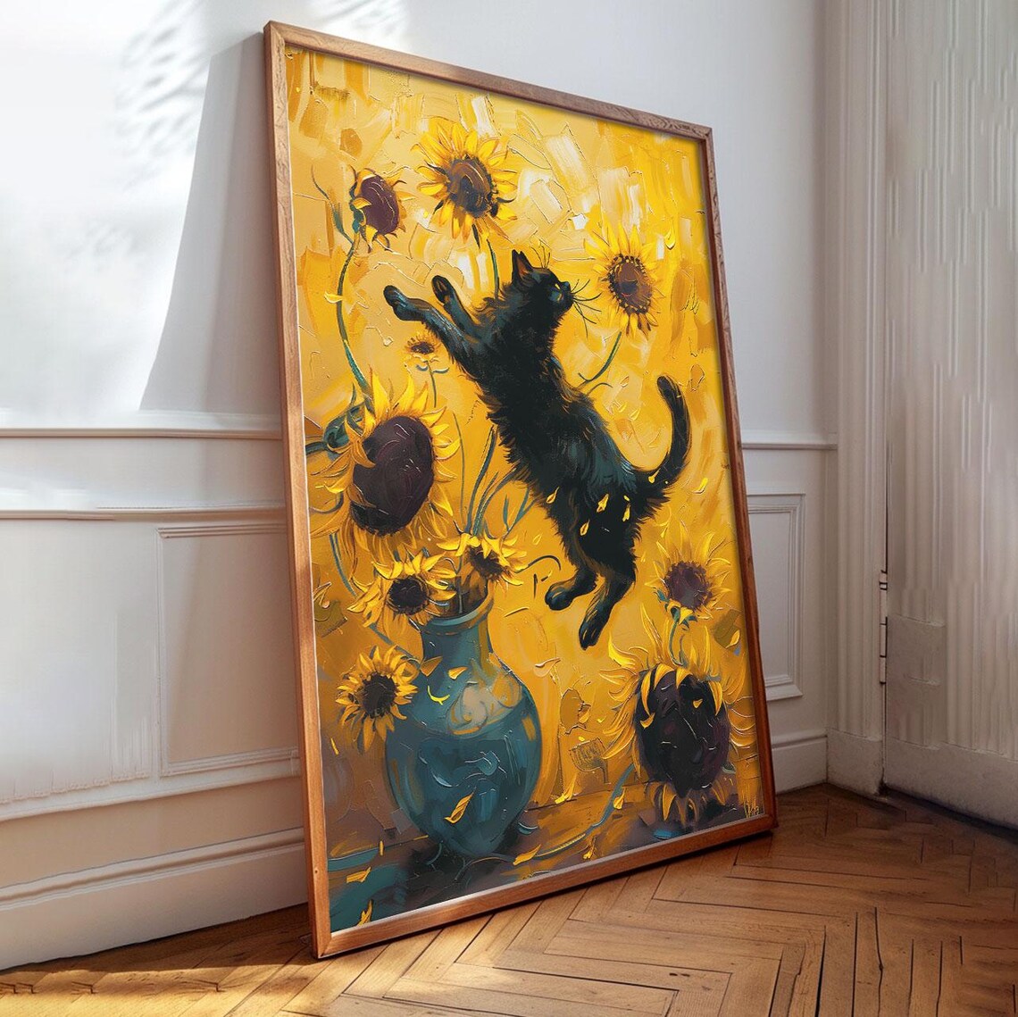 Sunflower Cat Black Cat Leaping Impasto Yellow Flower Fine Art Poster - Image 2