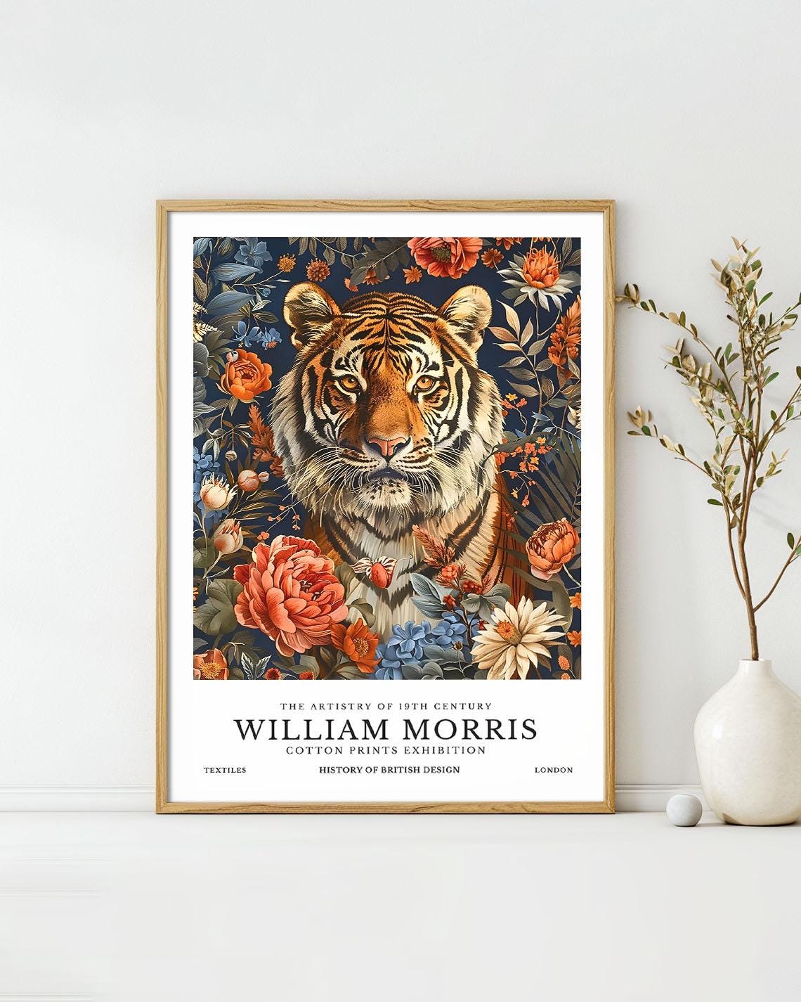 William Morris Tiger Portrait Floral Dark Botanical Exhibition Poster