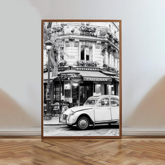 Vintage Paris Cafe Wall Art Black And White French Street Scene Retro Car Photography Print European Architecture Art