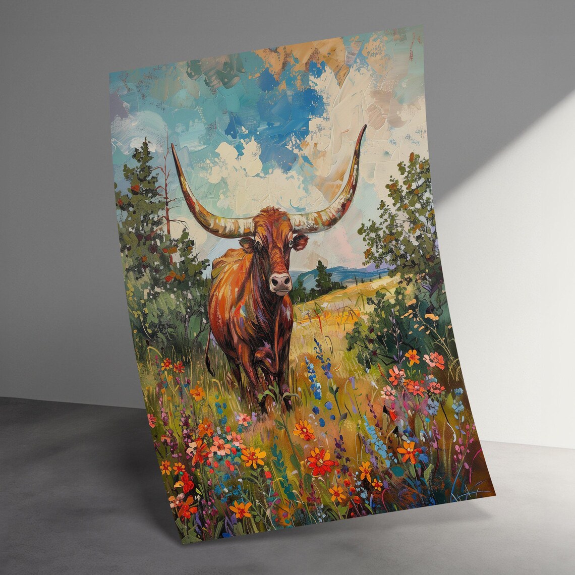 Texas Longhorn Bull Wildflower Field Oil Painting Ranch Poster - Image 3
