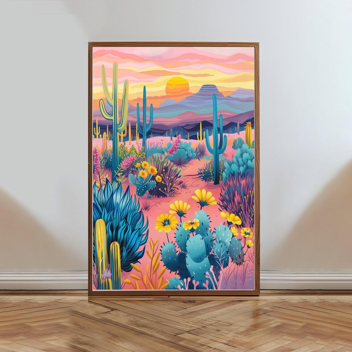 Colorful Southwest Desert Sunset Cactus Floral Landscape Poster